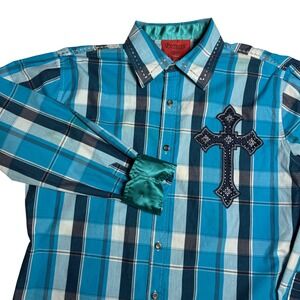 Western Plaid Cross Embellished Shirt Mens Large Blue Rhinestone Cowboy Rodeo